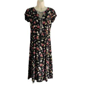 Vintage 80s Carol Anderson Petites Woman's Sz M Black Floral Tie Neck Dress PM